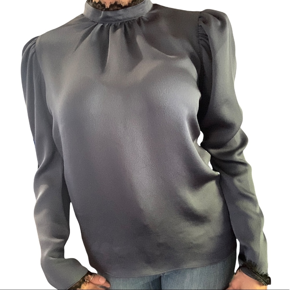 EXPRESS MOCK HIGH NECK SATIN SILVER BLUE WITH BLACK LACE PUFFY SHOULDER SIZE S